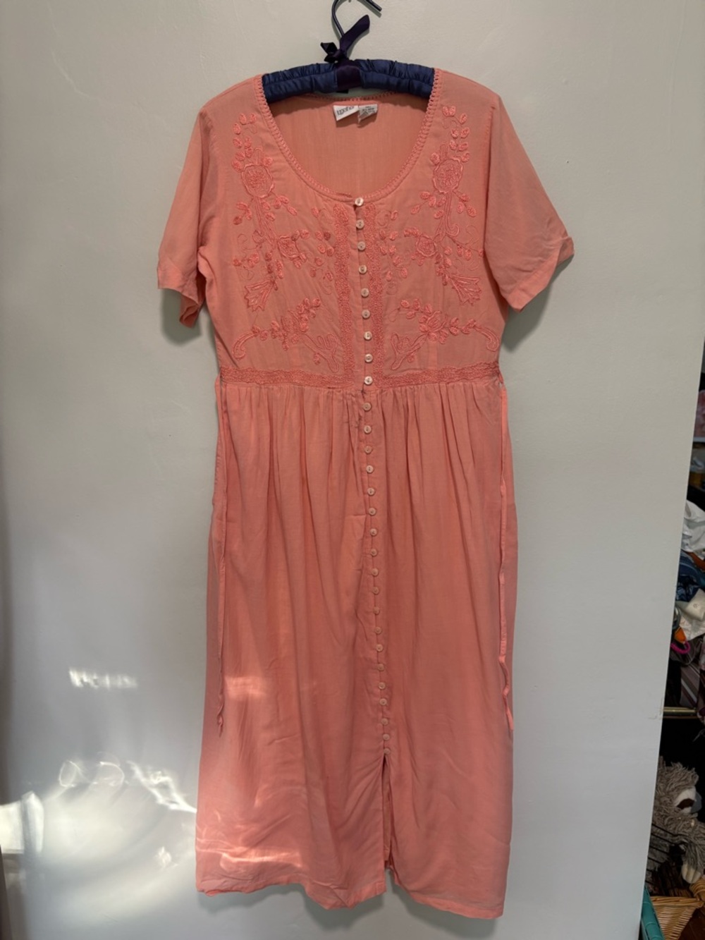 Together Rosy Pink Cotton Blend Midi Dress with Floral Embroidery and Waist Tie
